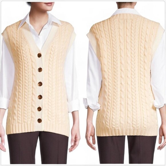 Rebecca Taylor Pearl Ivory White Cable Knit Contrast Vest Sweater Top NWT New S - Picture 3 of 8
